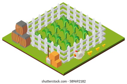 3D design for farm scene with crops and chickens illustration