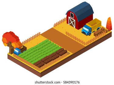 3D design for farmyard with barn and crops