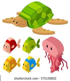Diseño 3D para ilustración de peces y tortugas