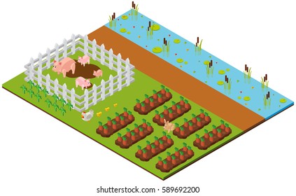 3D design for garden scene with pigs and carrots illustration