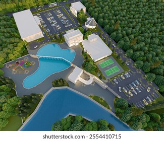 3D design of a house area with a large swimming pool and beautiful landscape