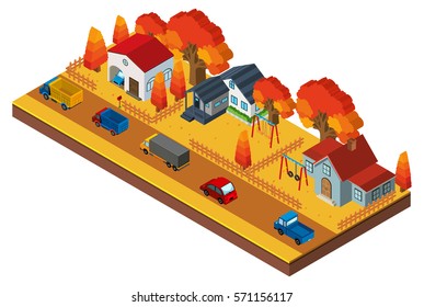 3D design for houses in neigborhood in fall season illustration