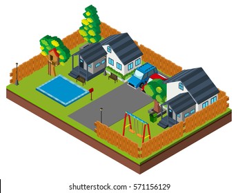 3D design for houses with pool and swings illustration