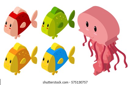 3D design for jellyfish and many fish illustration