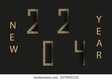 
3d design New Year 2024 horizontal banner in trendy cut out paper style. Celebration gold 2024 poster in minimalist style. Vector illustration.