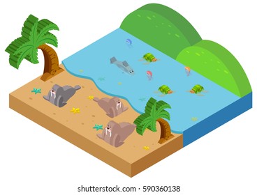 3D design for ocean scene with sea animals illustration