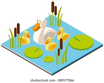 3D design for pond scene with ducks illustration