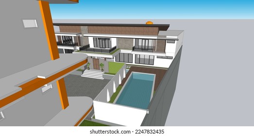3d design of a residential building or villa that has a swimming pool