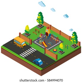 3D design for scene with playground and cars on road illustration