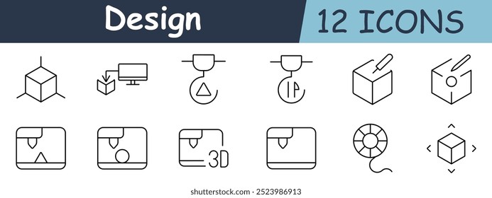 Ícone do conjunto de design 3D. Diagrama de cubo, monitor, impressora, triângulo, caneta, formas, objetos geométricos, ferramentas de modelagem, salva-vidas, setas ao redor do cubo, modelo 3D, sinalizador.