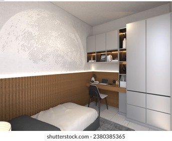 3D design of a small bear bedroom interior intended for apartments, boarding houses, accommodation