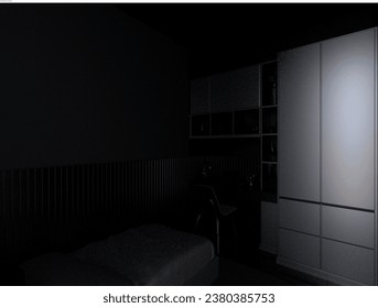 3D design of a small bear bedroom interior intended for apartments, boarding houses, accommodation