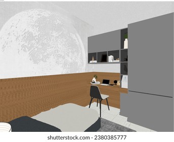3D design of a small bear bedroom interior intended for apartments, boarding houses, accommodation