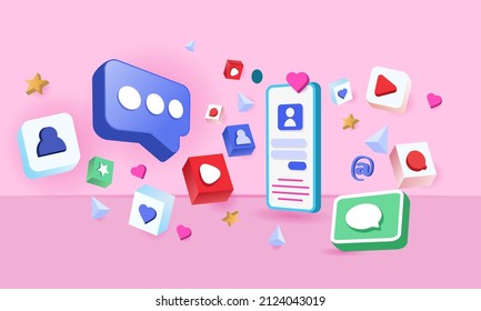 3D design Social media platform, online social communication applications concept, emoji, hearts, chat and chart.3d Vector illustration