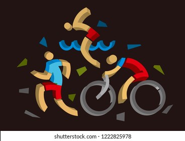 
3D design stylized Triathlon athletes.
Three 3D design stylized athletes symbolizing triathlon, swimming, running and cycling on black background. Vector available