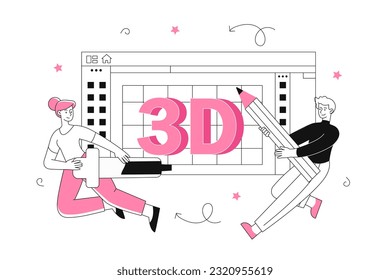 3D design team line concept. Man and woman with pencil developing interface for website. UI and UX design for program or application. Graphic designers and freelancers. Linear flat vector illustration