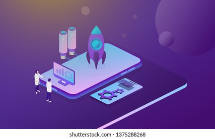 3d design template. Modern background design. Infographic presentation concept. Technology concept vector design. Startup business rocket. Mobile app design. Isolated vector sign symbol.