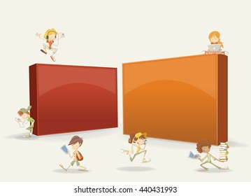 3d diseño de un fondo de marco de caja de texto con estudiantes adolescentes de dibujos animados con laptops, tablets y teléfonos inteligentes
