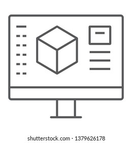 3d design thin line icon, model and computer, 3d modeling sign, vector graphics, a linear pattern on a white background, eps 10.