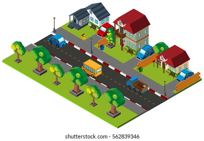 3D design for town with houses and cars illustration