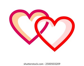 Diseño 3D de dos corazones vinculados aislados sobre fondo blanco. Dos símbolos de amor.