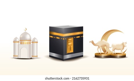 3d design vector element of Kaaba, mosque, camel, podium suitable for islamic celebration day ramadan kareem, iftar, or eid al fitr and adha