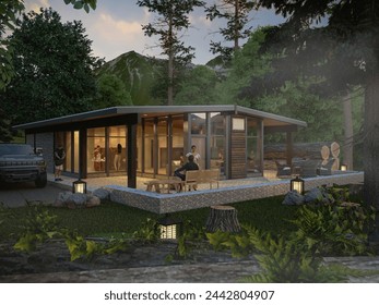 3D design of a villa building in the middle of the forest
