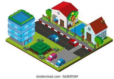 3D design for village with buildings and road illustration