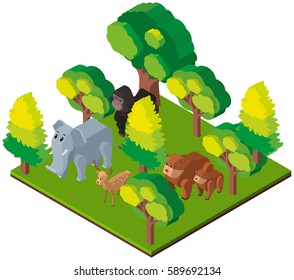 3D design for wild animals in forest illustration