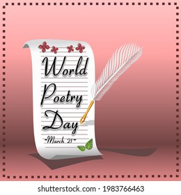 3D design, World Poetry Day, 21 March. Vector ink, pen and paper isolated in pink gradient color