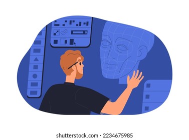 3d designer artist designing, developing, creating head model. Creative developer works with professional software for virtual object development. Flat vector illustration isolated on white background
