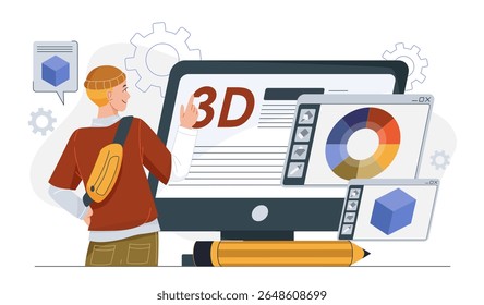 Homem designer 3d. Jovem perto da tela do computador com cubo isométrico. Freelancer desenvolve elementos para o site. Artista do estúdio visual. Freelance e ganhos online. Ilustração de vetor plano