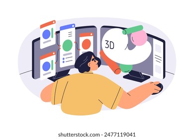 3D designer at work, modeling digital art, designing at computer screen. Creative artist at workspace, editing, rendering at desktop monitor. Flat vector illustration isolated on white background