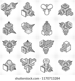 3D designs, abstract vector shapes set.