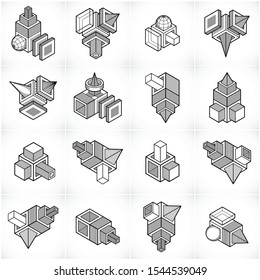 3D designs, abstract vector shapes set.