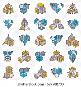 3D designs, abstract vector shapes set.