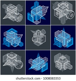 3D designs, set of abstract vector shapes.