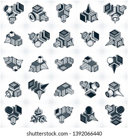 3D designs, set of abstract vector shapes.