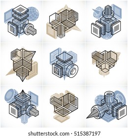 3D designs, set of abstract vector shapes.