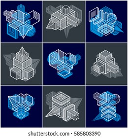 3D designs, set of abstract vector shapes.