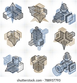 3D designs, set of abstract vector shapes.
