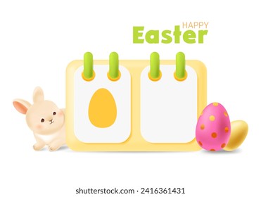 3D desk calendar for Happy Easter with rabbit and colored eggs. Countdown to holiday day in realistic design. Creative concept for sales promotion ads. Vector isolated illustration on white