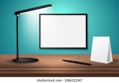 3d desk lamp on wooden table lights up empty posters on a wall. Vector illustration. Copy space for text template. 