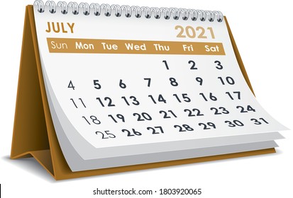 3D desktop calendar July 2021 in white background