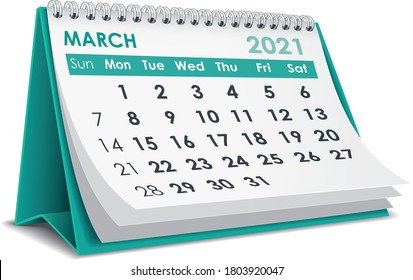 3D desktop calendar March 2021 in white background