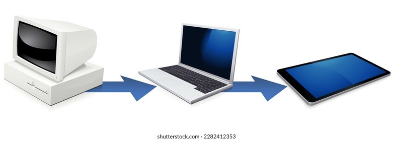 3d desktop computer evolving to 3d laptop to 3d mobile device with a blue arrow indicating evolution on a white background