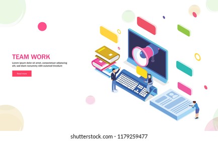 3D desktop with megaphone and study equipments, miniature people analysis data together for teamwork concept.