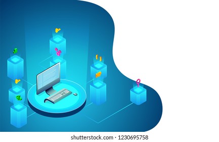 3D desktop with multiple coding language sign between glowing digital rays on glossy blue background.