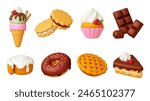 3d dessert. Bakery shop sweets, pastries and cakes. Realistic ice cream, pie and cookies. Chocolate and cupcake, donut, pithy vector clipart