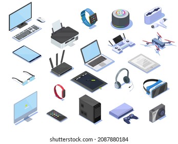 3D-Detail-Illustration mit Gadget-Icons.  Unterschiedliche elektronische Geräte für die Kommunikation mit Musikfoto und anderen Funktionen. Moderne drahtlose Technologien, intelligente Geräte. 